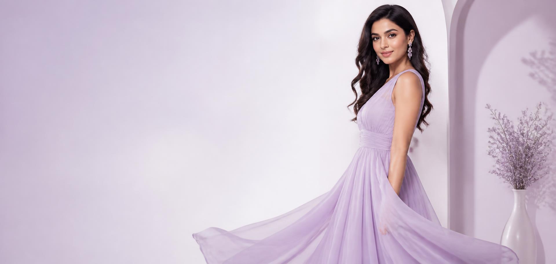 Model wearing a lavender dress from Krishna Fashions